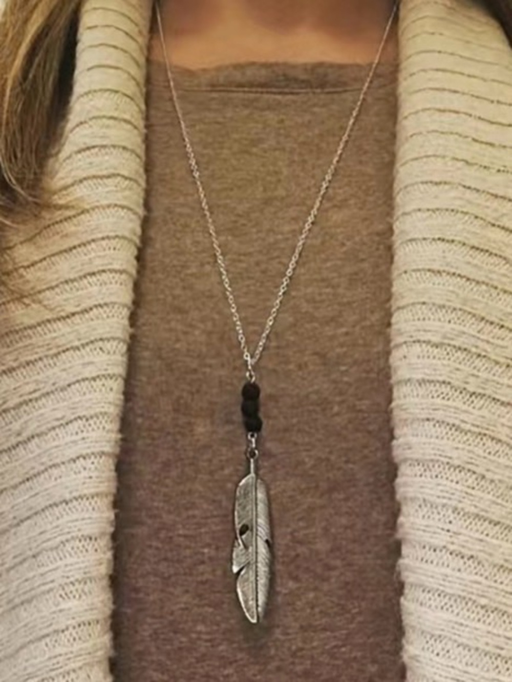 Long Silver Feather Beaded Chain Necklace